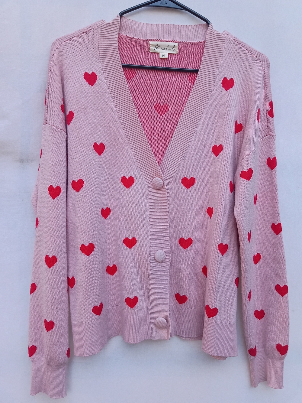 Marled Pink & Red Heart Button Cardigan Sweater Medium Coquette Y2k